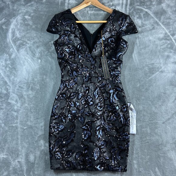 NWT Dress the Population Zoe All Over Sequin Cocktail Cap Sleeve Sheath Floral - Picture 1 of 16